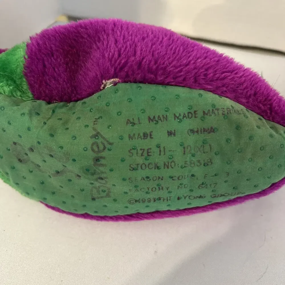 Vintage Barney Dinosaur Plush Slippers Purple Green Kids XL 11–12 1993